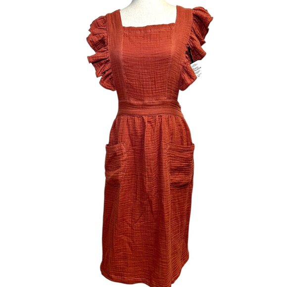 NWT Rust Orange Cotton Apron Dress • Danica Heirloom • Ruffle Strap Pinafore • - Picture 2 of 9